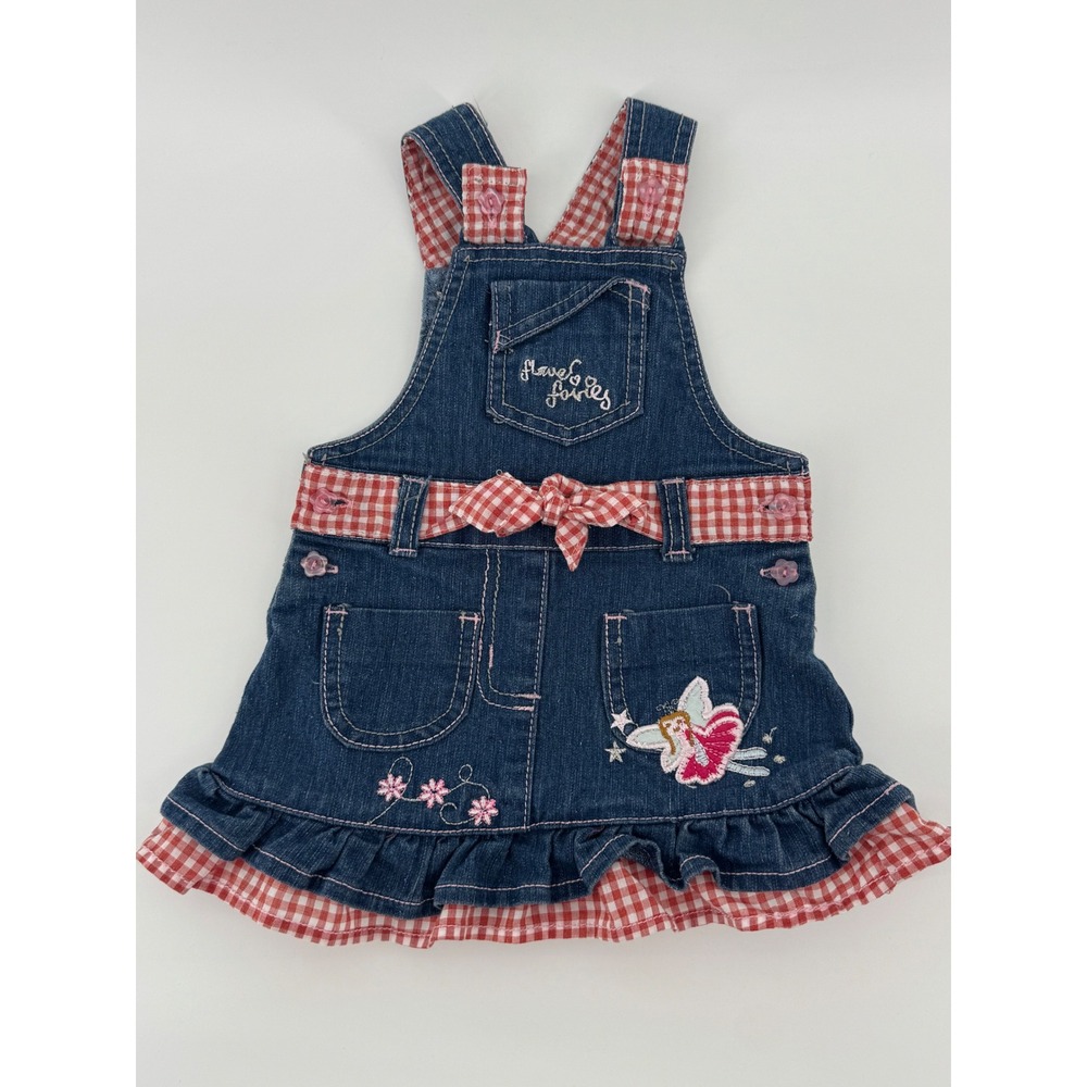 Next Girls Blue Denim Fairy Embroidered Gingham Pinafore Dress 1.5-2Y 92cm